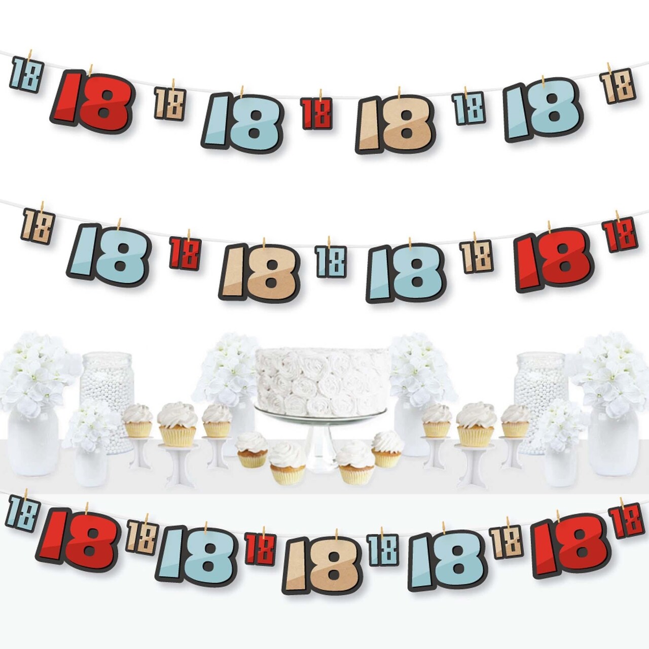 Big Dot of Happiness Boy 18th Birthday - Eighteenth Birthday Party DIY Decorations - Clothespin Garland Banner - 44 Pieces